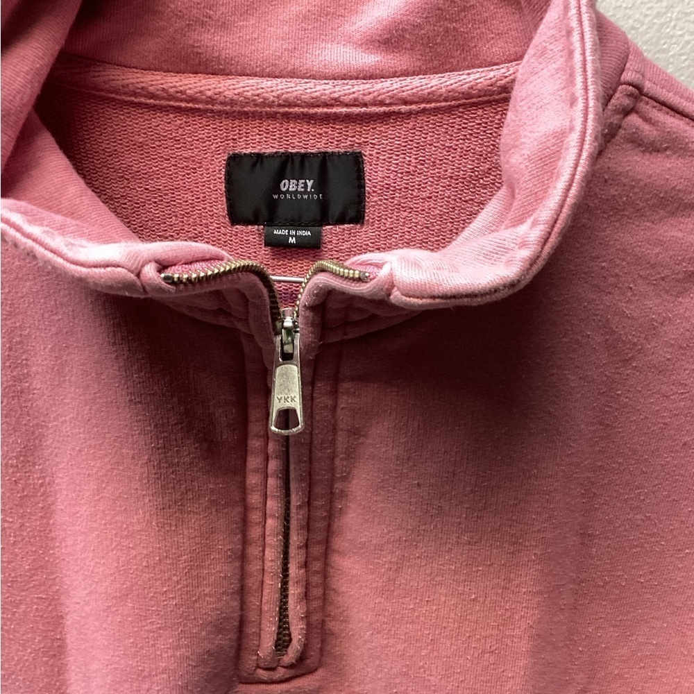 Obey Worldwide Men's Quarter Zip Up Sweater in Pink and Blue - Picture 2 of 4